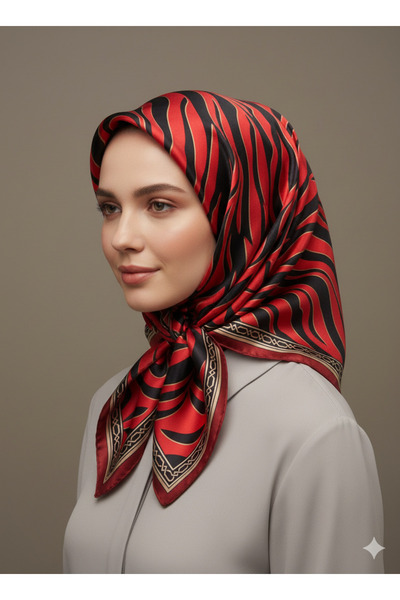 Levidor 90x90 İpek Görünümlü Siyah - Kırmızı Kristal Eşarp – Kaymayan Twill Şık Tasarım