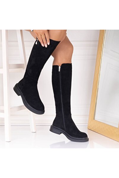 Botinelli Ghete negre pentru femei, cu căptușeală de blană, din piele întoars...