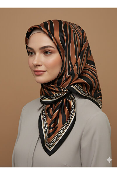 Levidor 90x90 İpek Görünümlü Siyah - Kahverengi Kristal Eşarp – Kaymayan Twill Şık Tasarım