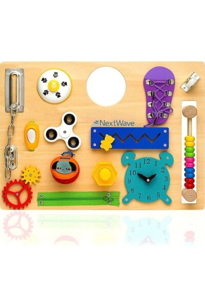 NEXTWAVE Placa senzoriala NextWave®, tabla Montessori din lemn, 14 activitati, jucarie educativa copii