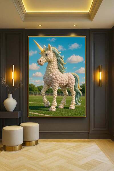 Wallivo Beyaz Boncuk Motifli Unicorn Gümüş Metal Çerçeveli Kanvas Tablo