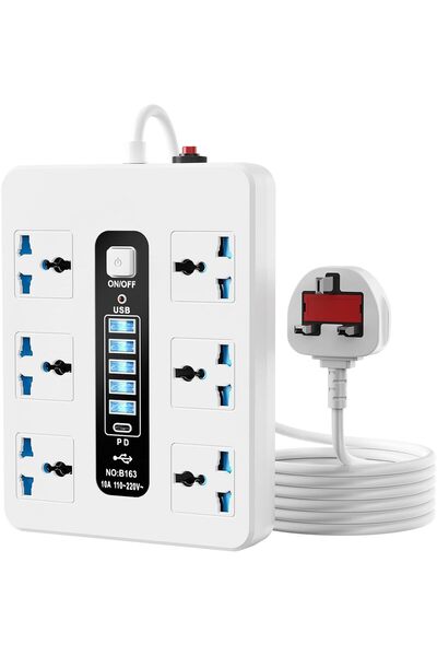 HYX Extension Cord — 6 AC Outlets, 5 USB Ports & 1 USB-C, 3M Cable, 2500W (White)