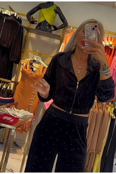 Sisa Butik İthal Fransız Kadife Kumaş Ful Taş Detaylı Ikili Takım