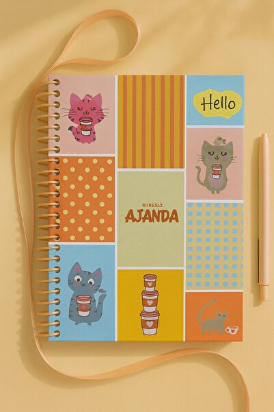 puffypuffy Kedi Kahve Temalı Süresiz Ajanda - Tarihsiz Planlayıcı, Spiralli A...
