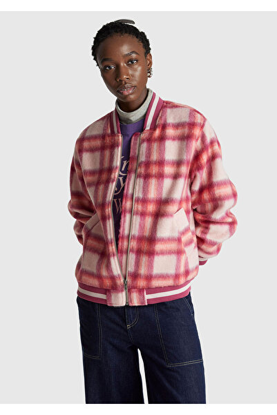 United Colors of Benetton Women's Red Plaid Wool and Viscose Blend Patterned Zippered Jacket