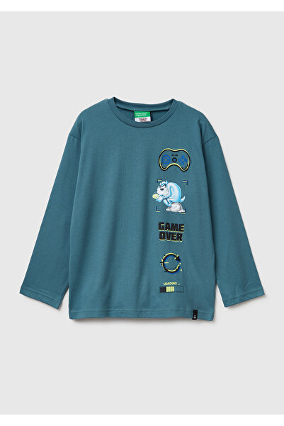 United Colors of Benetton Tricou pentru băiat, gri-verde, Tasmania cu imprime...