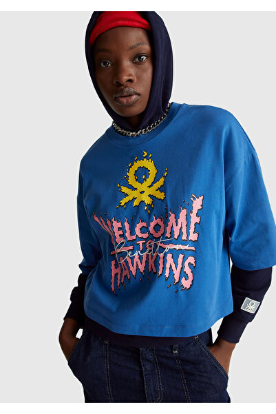 United Colors of Benetton Women's Blue 100% Cotton Boxy Fit Crop Stranger Things Printed T-Shirt