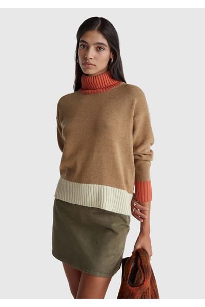 United Colors of Benetton Women's Light Brown Wool Blend Multi-Colored Turtleneck Sweater