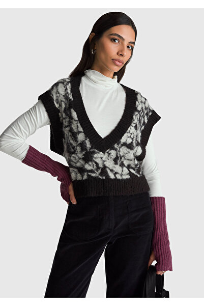 United Colors of Benetton Women's Black Wool Blend Patterned Rib Detailed V-Neck Sleeveless Sweater