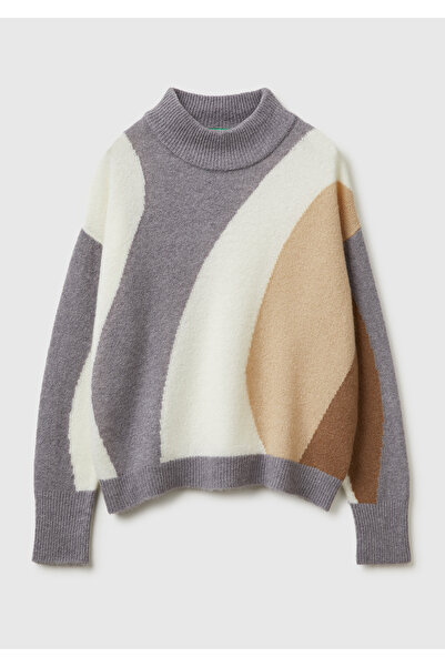 United Colors of Benetton Women's cream mix wool blend patterned crew neck sweater