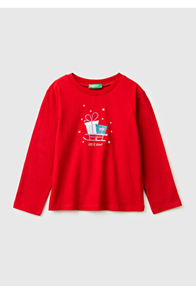 United Colors of Benetton Mânecă lungă pentru fete, roșu argintiu, cu imprime...