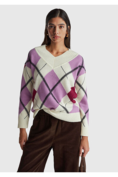 United Colors of Benetton Women's Purple Mix Wool Blend Argyle Pattern Ribbed Detailed V-Neck Sweater