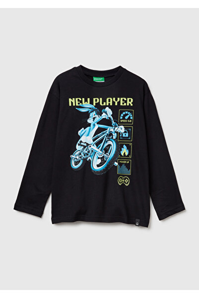 United Colors of Benetton Tricou negru pentru băiat Tazmanya cu imprimeu cu m...