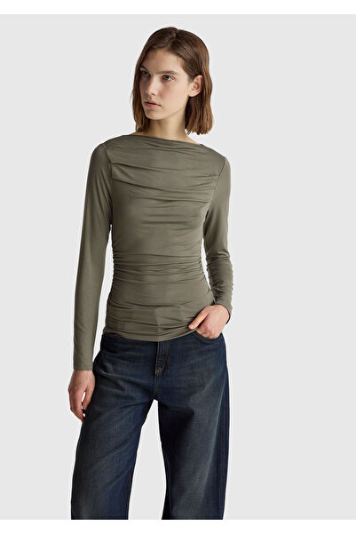United Colors of Benetton Women's khaki modal blend Slim Fit boat neck long sleeve t-shirt