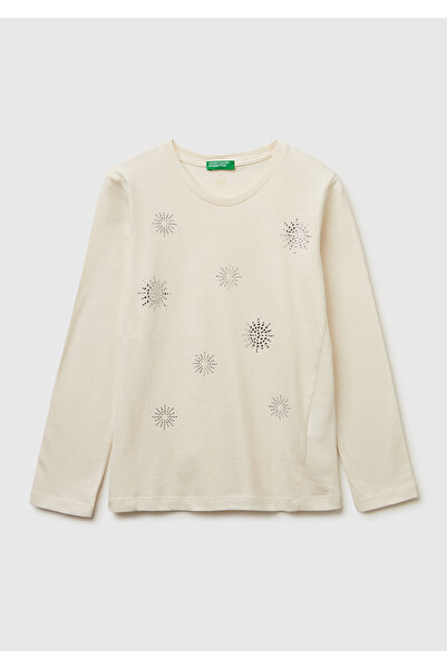 United Colors of Benetton Kız Çocuk Ekru Önü Kristal Aplikeli Regular Fit Uzu...