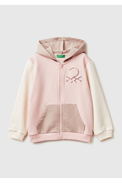 United Colors of Benetton Розова и екрю блуза с качулка, цип, бродерия и пайе...