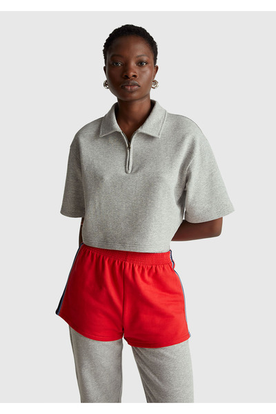 United Colors of Benetton Women's Gray Melange 100% Cotton Half Zipper Crop Stranger Things Polo T-Shirt