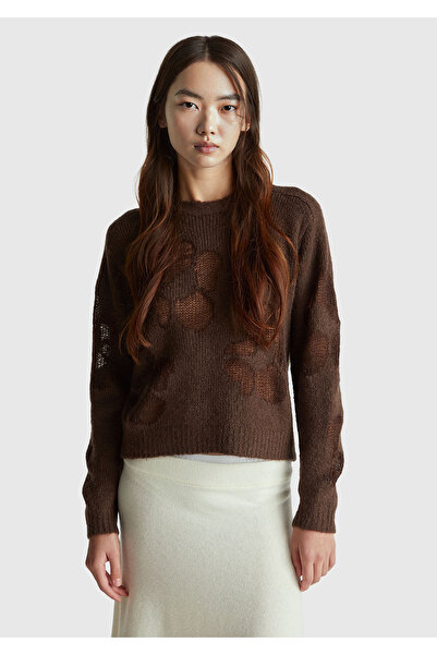 United Colors of Benetton سترة نسائية بنمط مختلط من الصوف البني الداكن مع ياقة على شكل دراجة