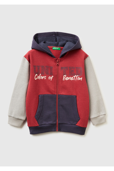 United Colors of Benetton Erkek Çocuk Bordo-Gri Önü Logo Baskılı Fermuarlı Re...