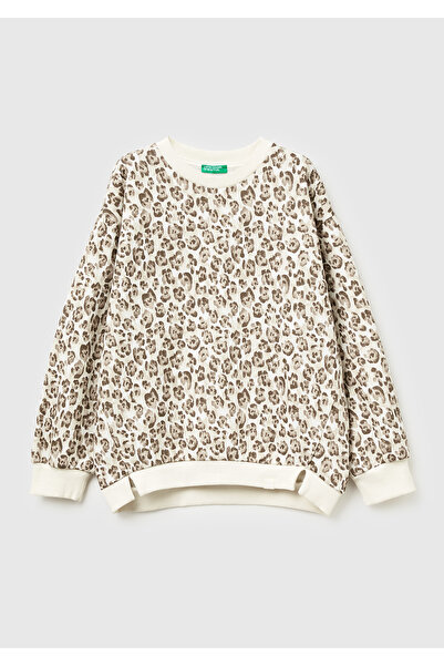 United Colors of Benetton Бежова суитшърт за момичета с цялостно отпечатано л...