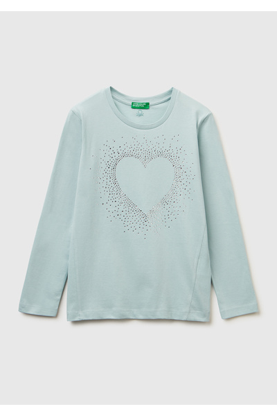 United Colors of Benetton تي شيرت بناتي بأكمام طويلة وقصة عادية مع تطريز كريس...