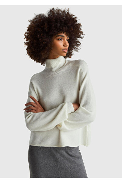 United Colors of Benetton Women's Cream Wool Blend Off Shoulder Turtleneck Sweater
