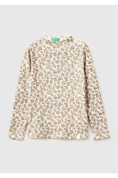 United Colors of Benetton Μπλουζάκι για κορίτσια μπεζ με μακρυμάνικο μισό ζιβ...