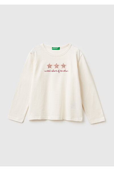 United Colors of Benetton Детска блуза с дълъг ръкав, в цвят екрю, с принт и ...