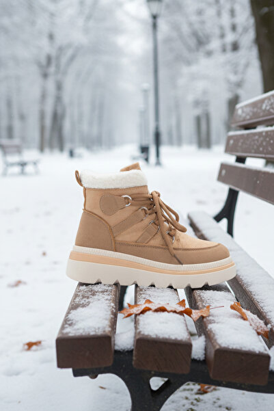 Day-Vine Ghete de iarnă călduroase pentru femei cu căptușeală din blană artificială – bej, ușoare, cu șireturi