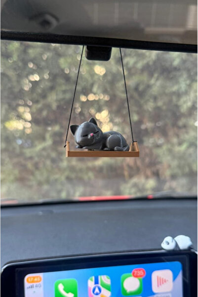 Morevo زينة مرآة الرؤية الخلفية على شكل قطة نائمة لطيفة باللون الرمادي مع تعليقة، توربيدو، ديكور للسيارة