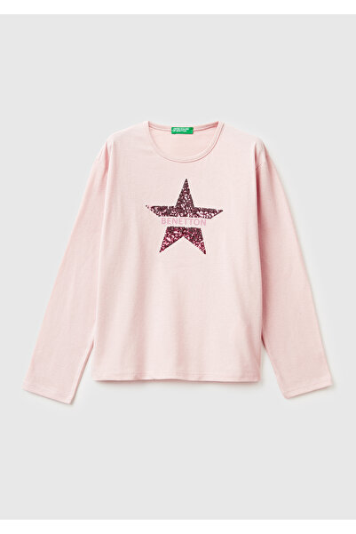 United Colors of Benetton Μακρυμάνικο μπλουζάκι για κορίτσια με γραφικό ροζ γ...