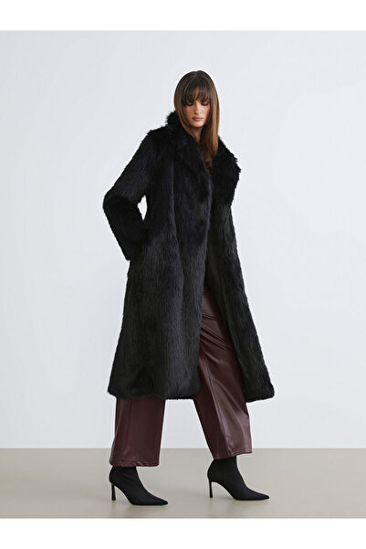 LC Waikiki Siyah Ceket Yaka Kadın Kürk Kaban