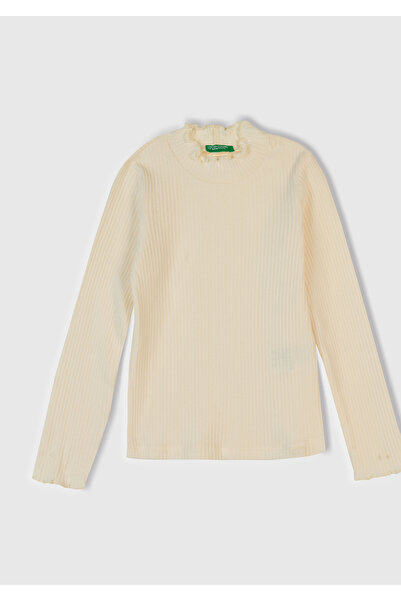 United Colors of Benetton Tricou pentru fetiță, ecru, cu etichetă cu logo, cu volane, cu jumătate de gât, cu mânecă lungă tricou