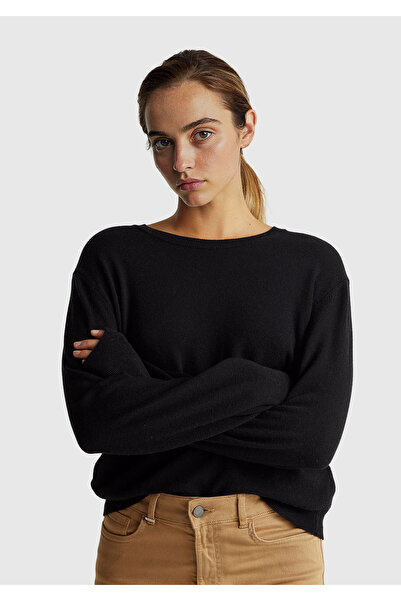 United Colors of Benetton Women's Black 100% Merino Rib Detailed Crew Neck Sweater