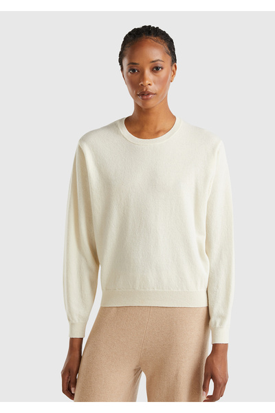United Colors of Benetton Women's Cream 100% Merino Rib Detailed Crew Neck Sweater