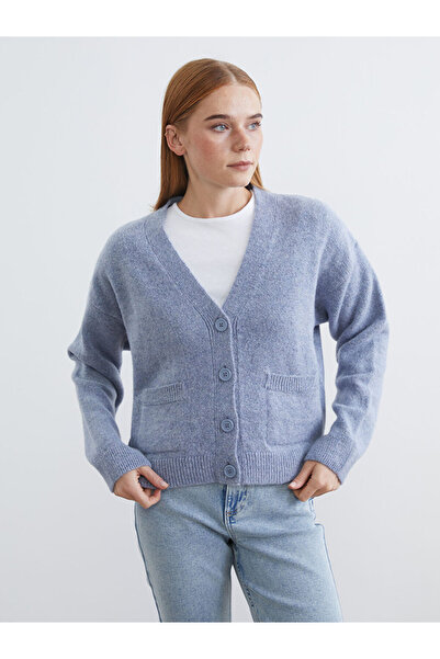 LC Waikiki Lcw Modestblue V-Neck Women's Knitwear Cardigan