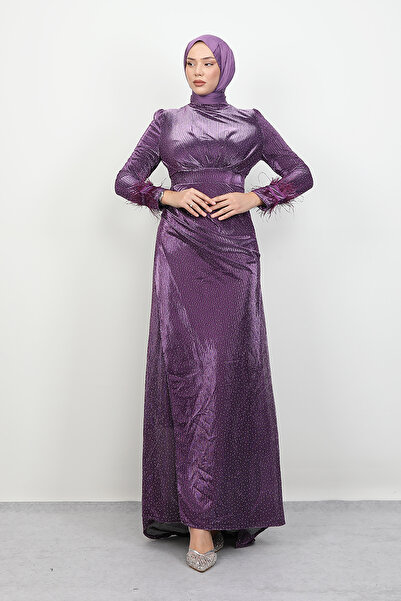 Lamia Giyim Tüylü Drapeli Elbise Mor