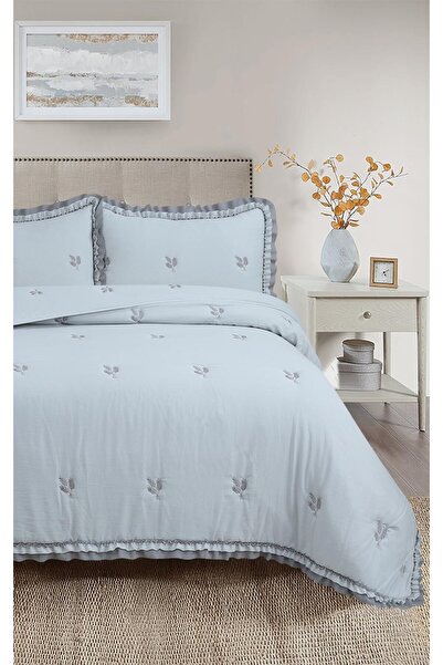 Bella Home Set cuvertură de pat cu broderie dublă Perla - 240x260 cm - Cu geantă din PVC - Gri zilnic și gri pentru mireasă