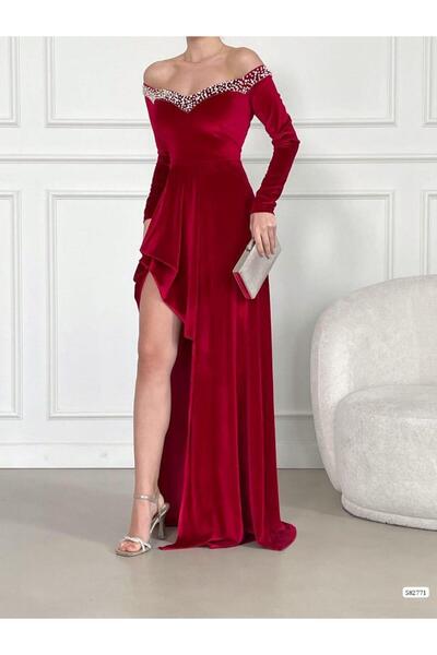 Modafeminen Velvet stretch fabric stone embroidered starplez neckline and slit detailed evening dress 582771 burgundy