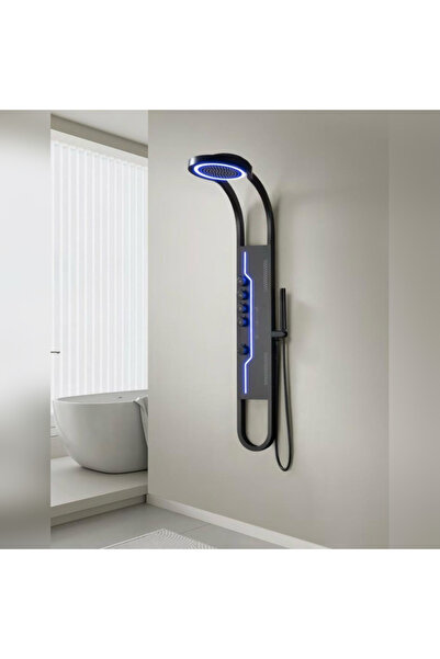 shark design Panel de Dus Shark cu Efect de Ploaie si Jeturi cu Masaj, Design Unic, LED Incorporat, Negru