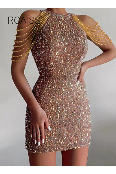 ROAISS Banquet Party Dress for Women Evening Dresses Halter Neck Sequins Shor...