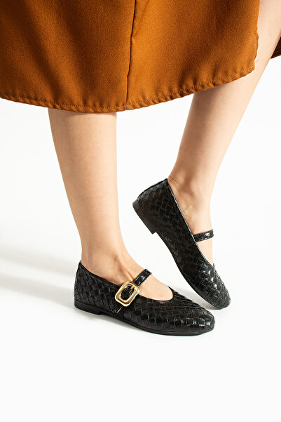 Neva'nın Butiği Zeria Knit Textured Buckle Detail Leather Women's Ballet Flats