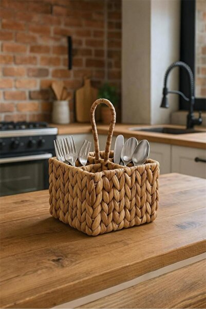 Bayev Favorite 9079 Wicker Weave Square 4-Compartment Organizer Spoon Holder Wicker Handle Spoon Organizer