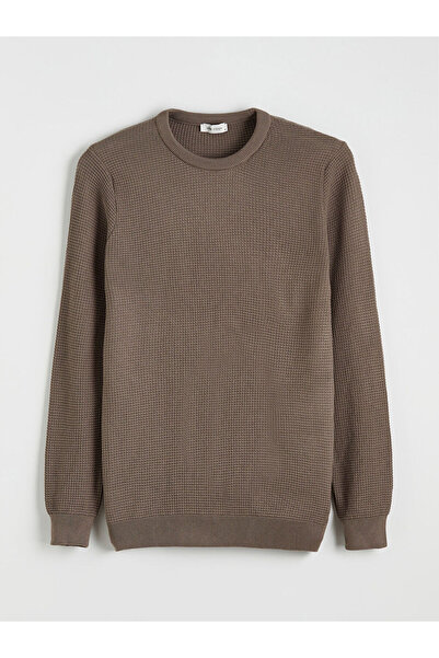 LC Waikiki Beige Crew Neck Checkered Men's Knitwear Sweater