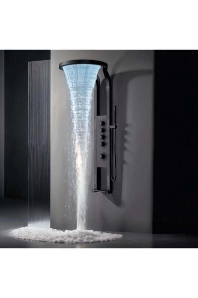 shark design Panou de duș de lux, efect de ploaie, 4 funcții de apă, negru mat