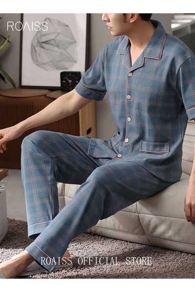ROAISS طقم بيجامة رجالي من قطعتين مصنوع من القطن الخالص بأكمام قصيرة وقميص وب...