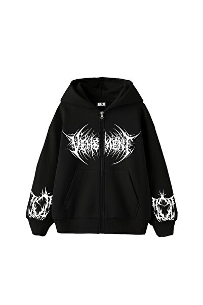 Bak Moda Vehement cu imprimeu cu fermoar cu glugă Zip unisex negru Swea tricou