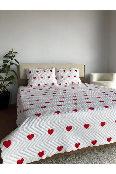 Bella Home Set cuvertură de pat pentru o persoană, 2 piese, cu inimă - 160x240 cm - alb roșu cu geantă din PVC