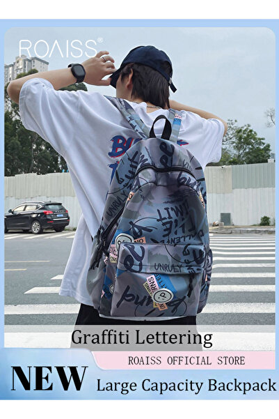 ROAISS حقيبة ظهر عصرية بتصميم جرافيتي، سعة كبيرة، متينة، بسحاب ناعم، قماش مري...