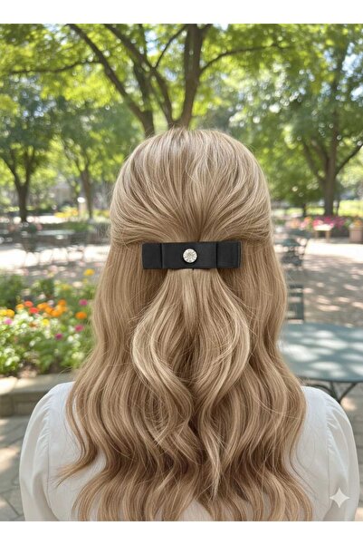 Esram Butik Kristal Taşlı Siyah Saten Fiyonk Toka - Klipsli Toka